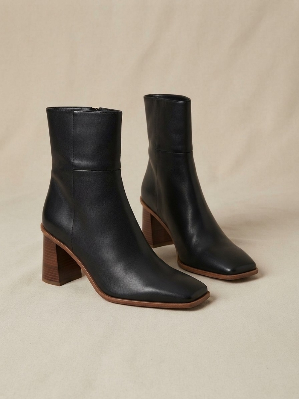 ALOHAS Black Leather Square Toe Block Heel Booties 41